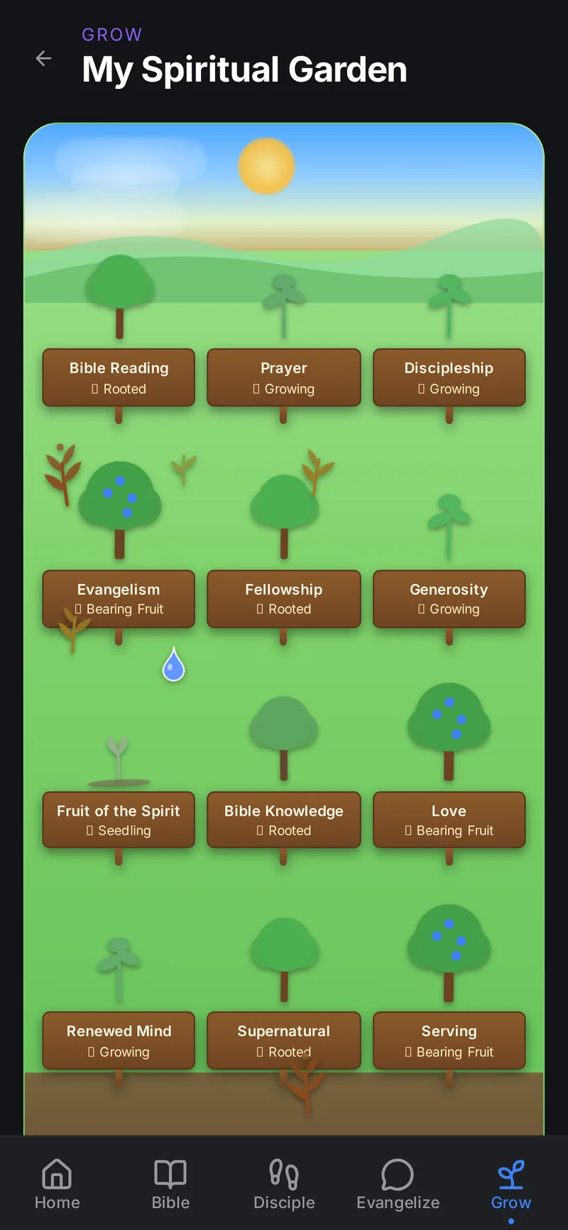 A member's spiritual garden in the app, with trees that grow as they use it