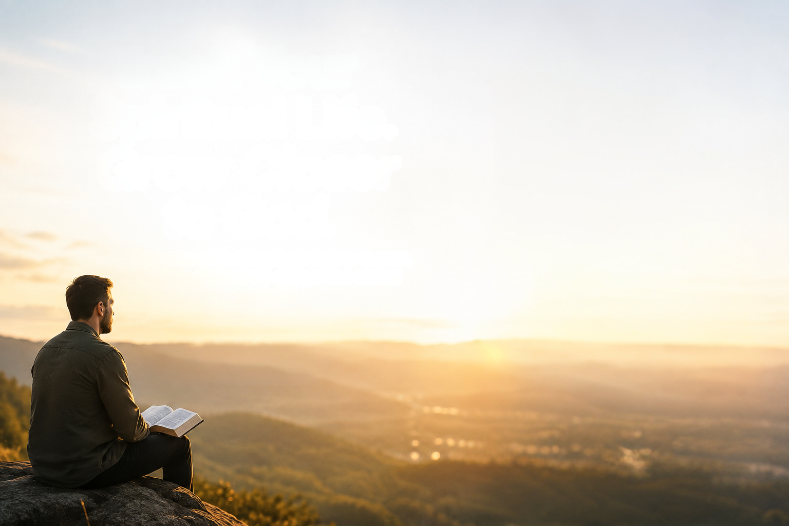 A man sitting on a rocky hillside at sunrise reading an open Bible